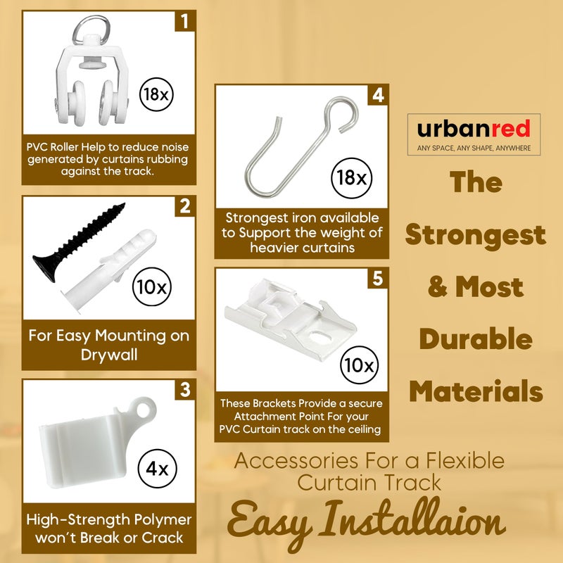 UrbanRed Flexible Ceiling Curtain Track - Room Divider, Curtain Rod, Wall Divider curtain, Ceiling Mount, RV Rail, Shower Corner, Long Curved Hospital Privacy System (White, Accessory Kit) - Image 2